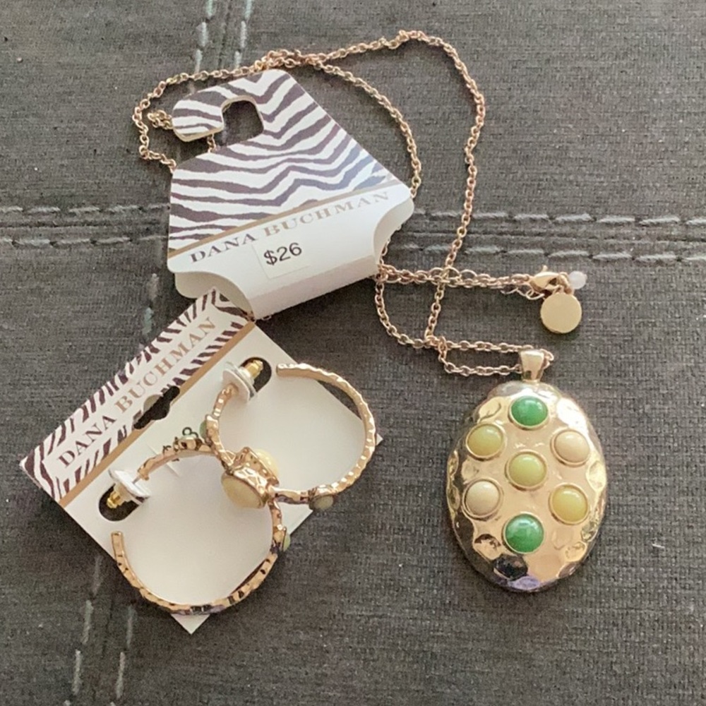Dana Buchman Gold Necklace and Earrings set with Green and Yellow Accents